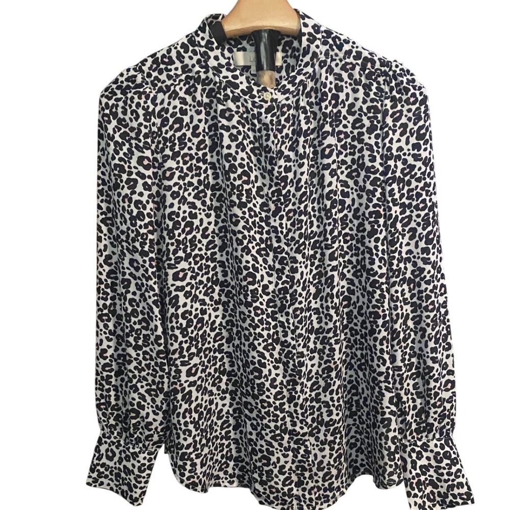 Loft Womens Leopard Print Long Sleeve Blouse Black White Animal Print XS‎